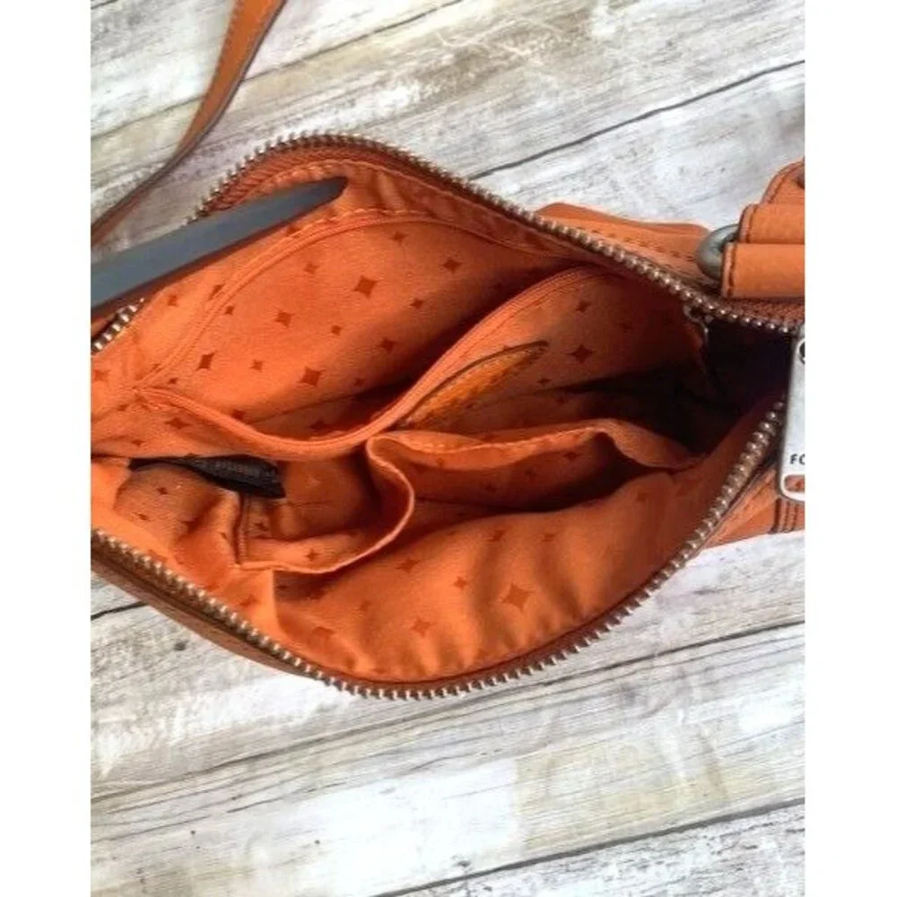 Orange Fossil Leather Crossbody Bag with‎ Front Turn Lock Pocket